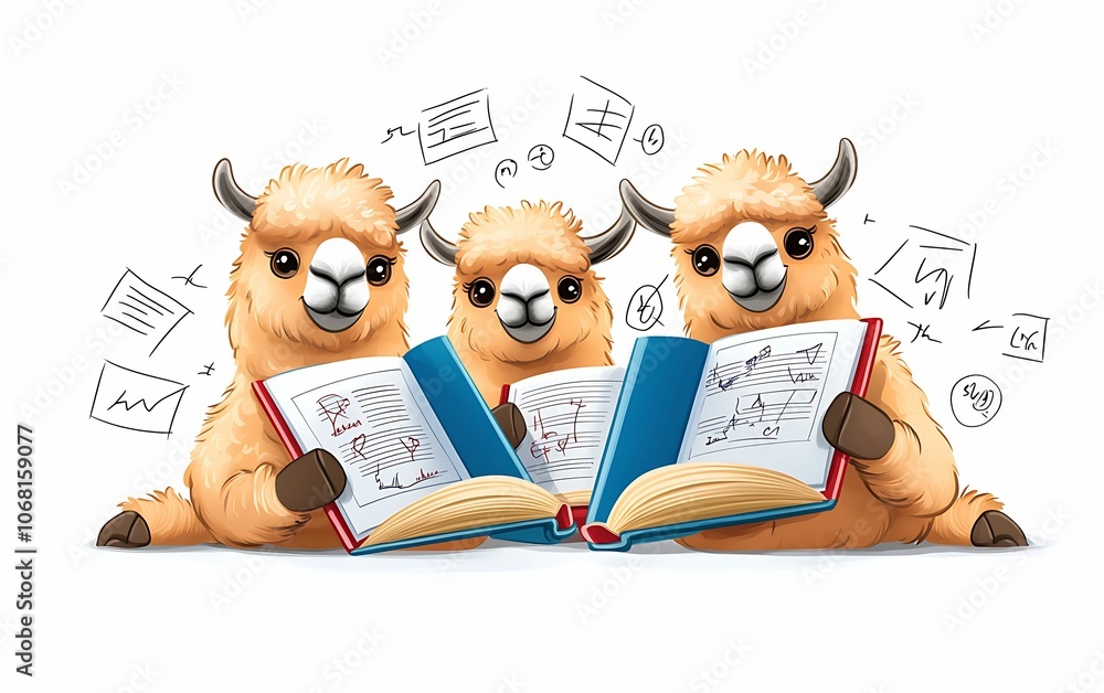 Poster three llamas enthusiastically reading books together in a whimsical and playful scene of learning an