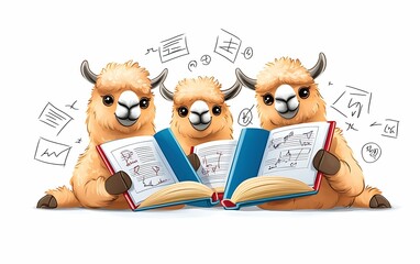 Naklejka premium Three llamas enthusiastically reading books together in a whimsical and playful scene of learning and curiosity