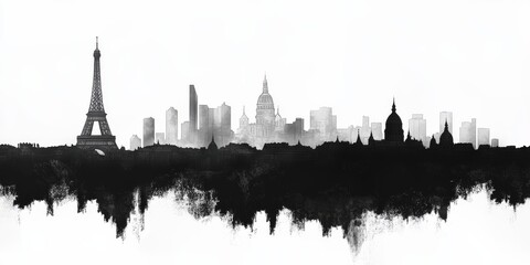 A simple drawing of the Paris skyline, using only black and white.
