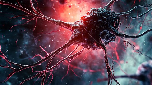 A close-up view of a neuron, a nerve cell in the brain, with its intricate branches reaching out in a red and blue background