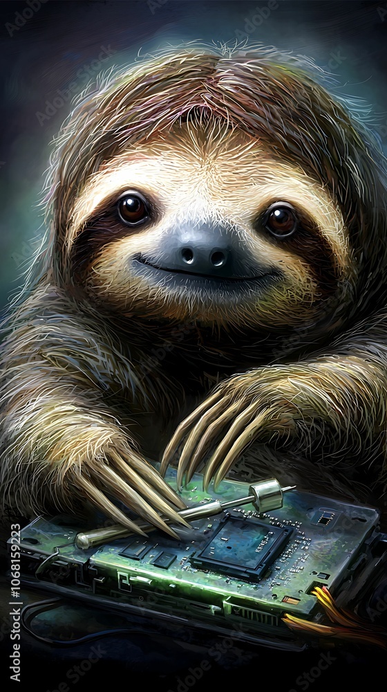 Poster a charming sloth engaged in tech the whimsical intersection of nature and technology captured in a s