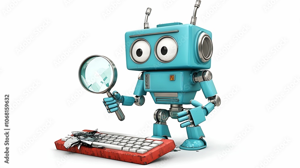 Poster whimsical robot with magnifying glass analyzing a broken keyboard in a playful colorful digital worl