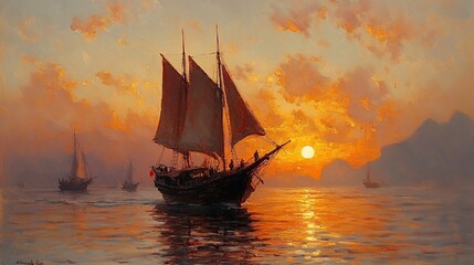 Fototapeta premium A sailboat with sails raised, sails towards the sunset on a calm sea. There are other boats in the distance. The sky is filled with orange and yellow clouds.
