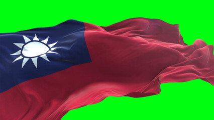 Taiwan flag - 3D realistic waving flag on green screen background for chroma key