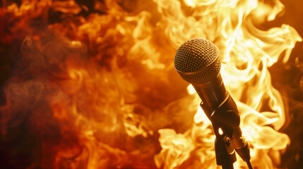 In a dynamic shot a microphone stand burns brightly with fierce flames adding a bold and intense dimension to the stage 