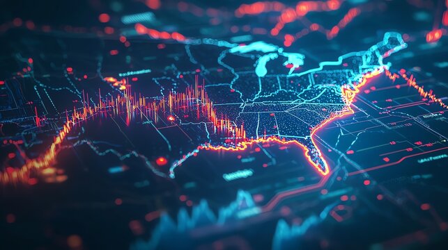 Visual representation of data analytics showcasing a detailed map of the Eastern United States with information graphs and data trends