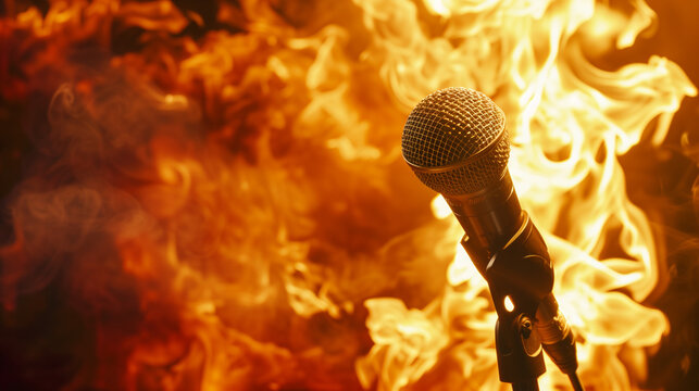In a dynamic shot a microphone stand burns brightly with fierce flames adding a bold and intense dimension to the stage 