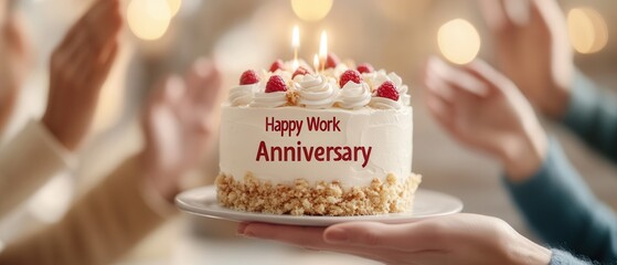 Celebratory work anniversary cake with red text, topped with fresh strawberries. Hands are raised in appreciation. Perfect for conveying workplace celebrations and achievements.