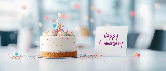 Delicious anniversary cake adorned with colorful toppings and a greeting card, set against a bright, modern background.