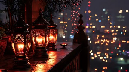 Decorative lanterns illuminate a balcony at night overlooking a vibrant city skyline decorated with twinkling lights