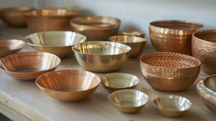 Elegant Collection of Metal Bowls on Wooden Surface