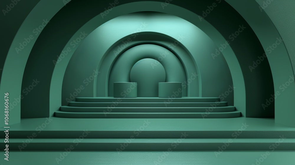 Poster a green podium product platform designed with elegant arches and steps to create a minimalist presen