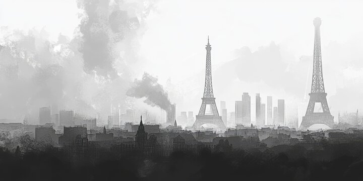 A simple drawing of the Paris skyline, using only black and white.