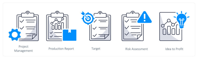 A set of 5 business icons as project management, production report, target