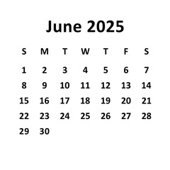 June 2025. Monthly calendar design. Weeks starts on Sunday. Simple and clear design isolated on white background.