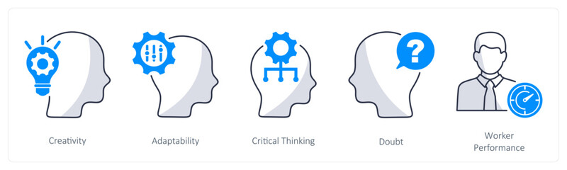 A set of 5 business icons as creativity, adaptability, critical thinking