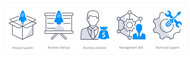 A set of 5 business icons as product launch, business startup, business investor