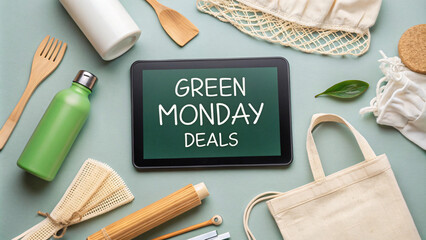 Discover exciting Green Monday deals with eco friendly products and kitchen essentials, featuring tablet, utensils, and reusable bags, perfect for sustainable living!
