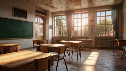 Naklejka premium Nostalgic Sunlit Classroom with Vintage Desks and Classical Architecture V1