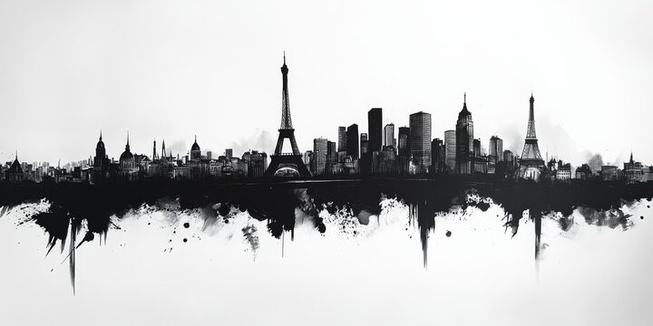 A simple drawing of the Paris skyline, using only black and white.