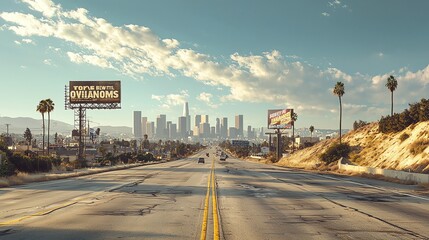 A clear view of downtown Los Angeles skyline along an empty highway under a bright blue sky during late afternoon