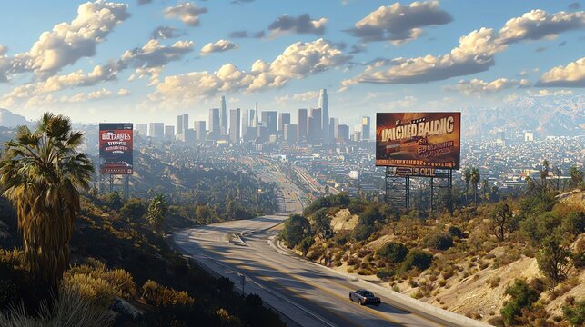 A scenic view of the Los Angeles skyline with a winding road and palm trees under a bright blue sky