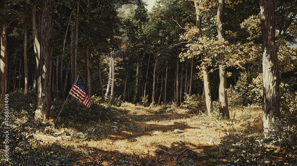 Poster a serene path through a dense forest with an american flag standing tall among the trees on a sunny 