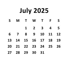 July 2025. Monthly calendar design. Weeks starts on Sunday. Simple and clear design isolated on white background.