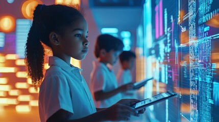 Kids engaged in data analysis, using tablets and laptops to sort through data sets in a bright, futuristic space