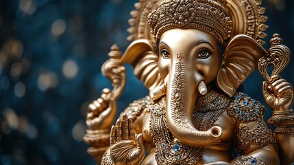 Fototapeta premium A golden statue of Hindu god Ganesha stands on a dark blue background, symbolizing religious festivals and cultural celebrations.