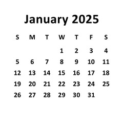 January 2025. Monthly calendar design. Weeks starts on Sunday. Simple and clear design isolated on white background.