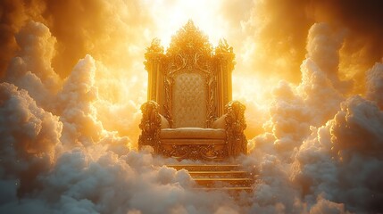 A golden throne surrounded by white clouds and divine light, symbolizing the second coming of Jesus and conveying a powerful biblical and spiritual message.