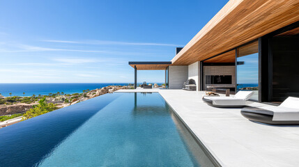 Fototapeta premium Modern luxury villa with an infinity pool overlooking the ocean in a sunny coastal location