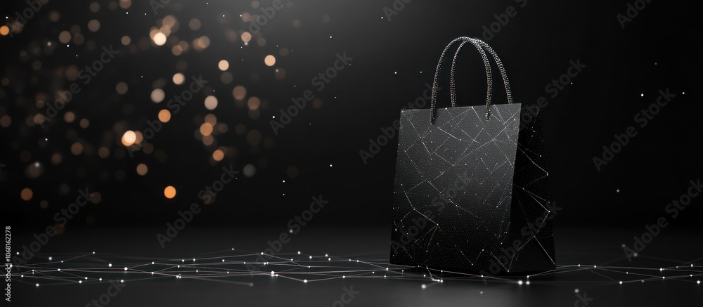 Poster Black shopping bag with silver geometric pattern on dark background with bokeh.