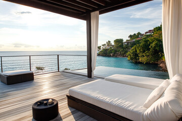 Fototapeta premium Tranquil ocean view from a stylish terrace overlooking the calm waters at sunset