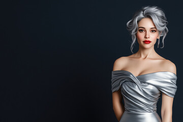 Naklejka premium Elegant woman in shimmering silver gown against deep dark backdrop, showcasing contemporary fashion artistry and striking visual contrast.