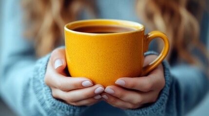 A girl in a blue shirt holds a yellow mug of tea in her hand against a white wall 