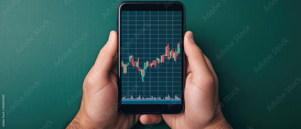Poster crypto trader engaging with a digital exchange platform on a smartphone, analyzing market trends and