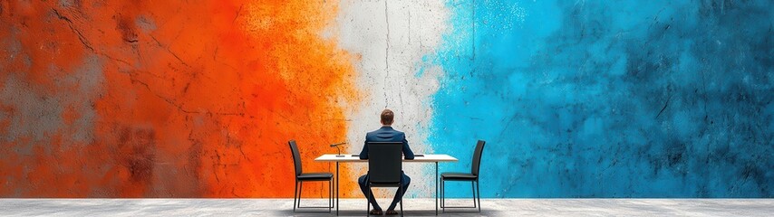 A person sitting at a table, contemplating in front of a vibrant split-colored wall, symbolizing duality and reflection.