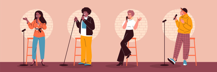 Vector collection open mic illustrations: Comedians girls and boys telling a humorous story on stage