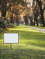 Blank yard sign on green grass. Yard sign mockup in the park near the walking path