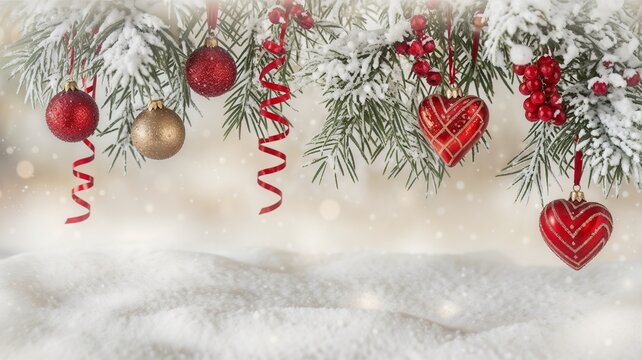Christmas garlands with stars and red heart decoration on holiday background with snowflakes frame and pine tree - Powered by Adobe