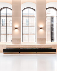 Modern minimalist seating area with large windows in a stylish urban interior