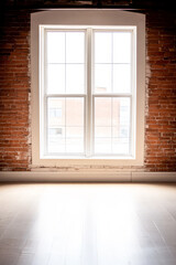 Fototapeta premium Sunlight streaming through a large window in a rustic brick-walled room during daylight