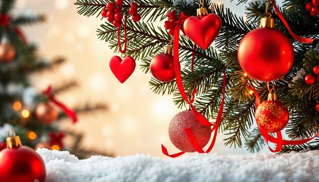 Christmas garlands with stars and red heart decoration on holiday background with snowflakes frame and pine tree