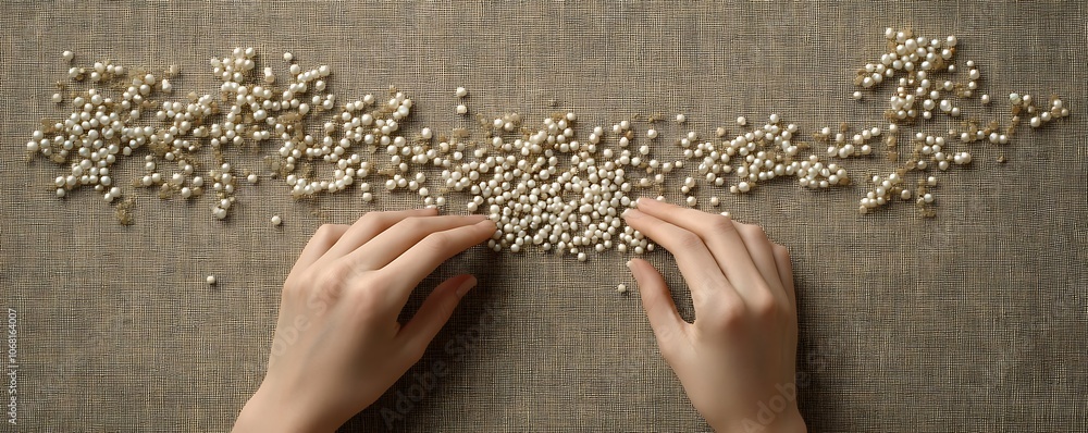 Poster hands sorting small pearls on a textured surface.
