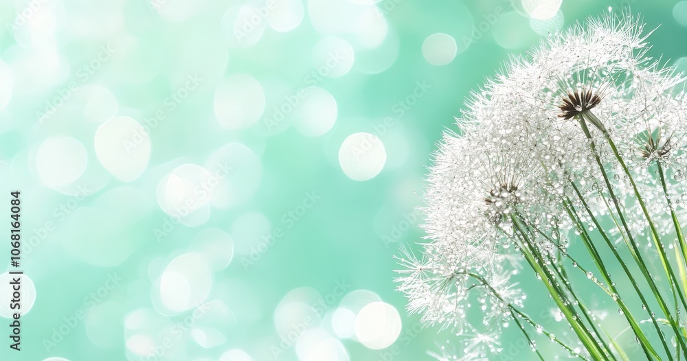 Poster dew drops on dandelion seeds with a bokeh background.