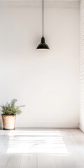 Bright indoor space with a hanging lamp and a potted fern in a minimalist decor setting