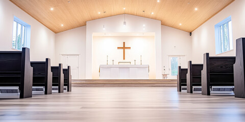 Modern interior of a serene church with wooden ceiling and simple altar design