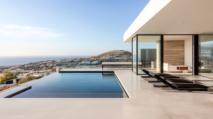 Modern luxury villa with infinity pool overlooking the sea in a coastal setting